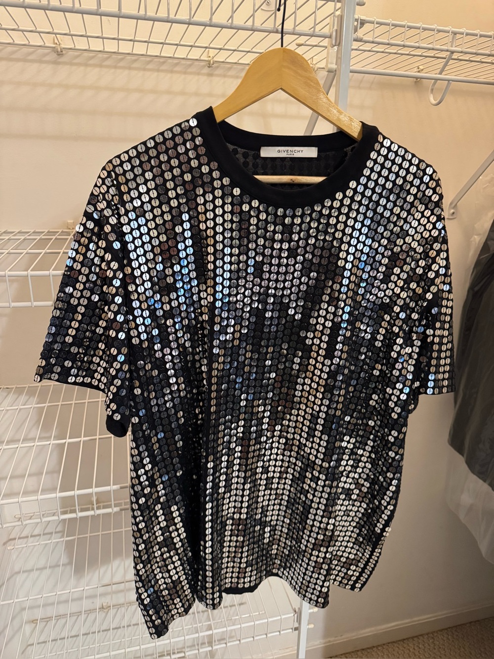 Givenchy Men Medium Black Tee with Silver Dot Sequins Crew Neck